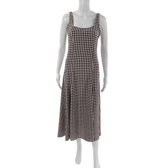 Zara Dresses & Skirts - Zara Womens A-Line Gingham Midi Dress Brown Square Neck Sleeveless Zip Size M